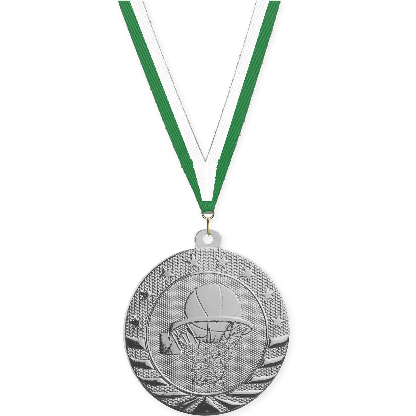 2 inch basketball Starbrite medal in bright silver with Green White neck ribbon