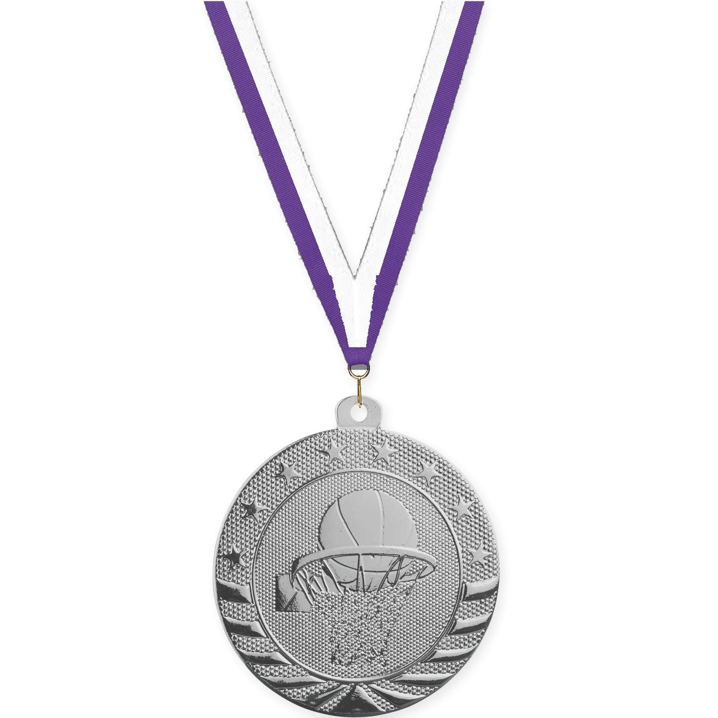 2 inch basketball Starbrite medal in bright silver with Purple White neck ribbon