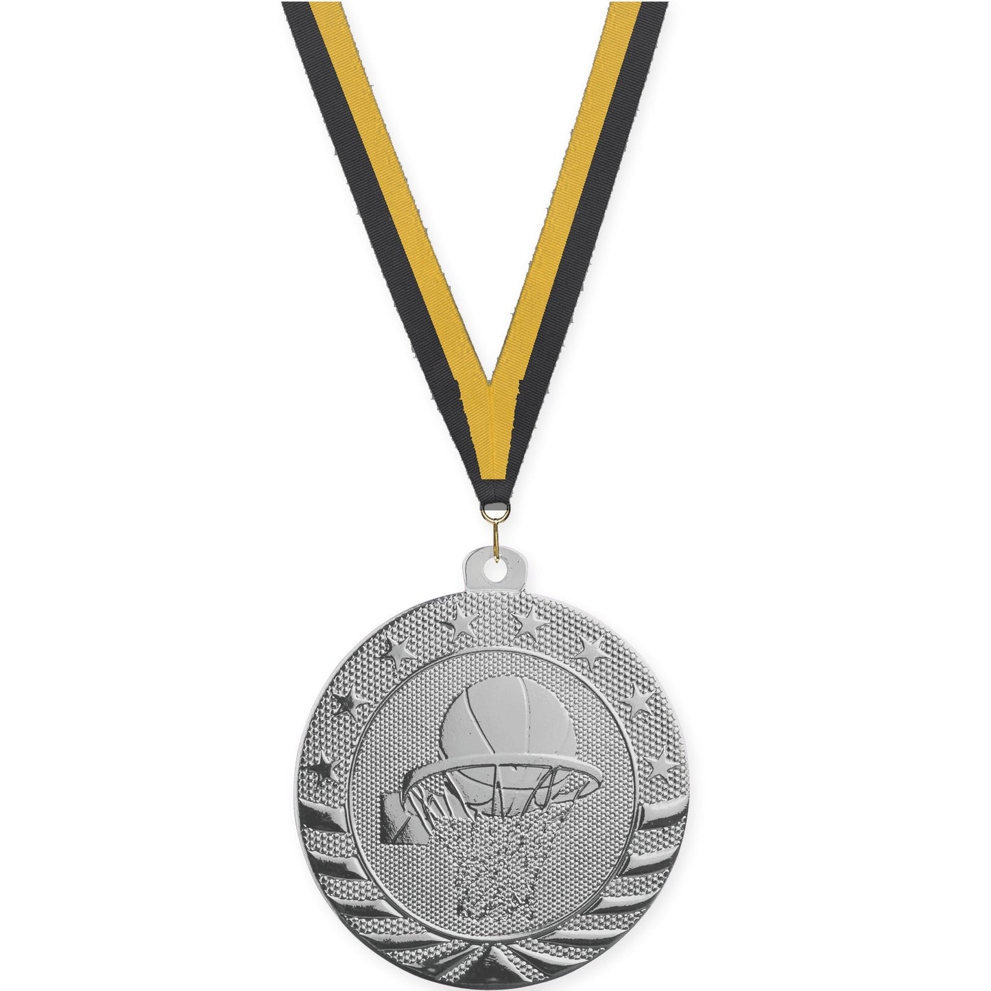 2 inch basketball Starbrite medal in bright silver with Black Gold neck ribbon