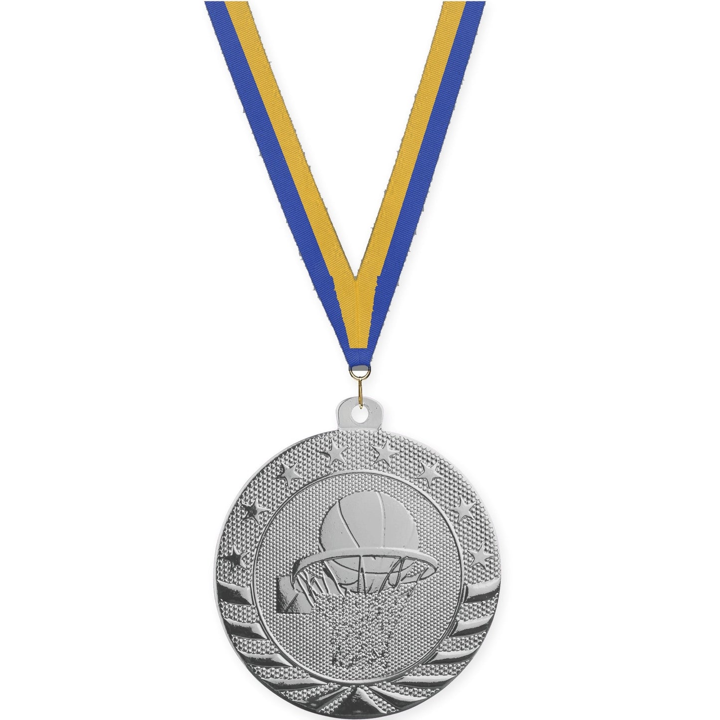 2 inch basketball Starbrite medal in bright silver with Blue Gold neck ribbon