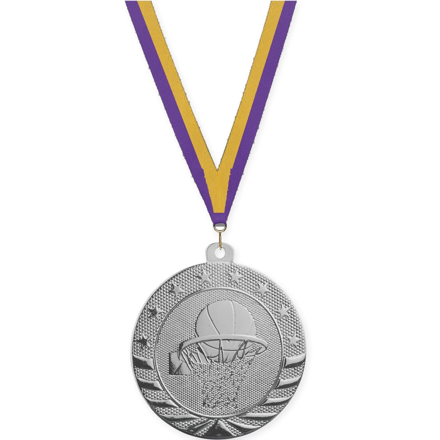 2 inch basketball Starbrite medal in bright silver with Purple Gold neck ribbon