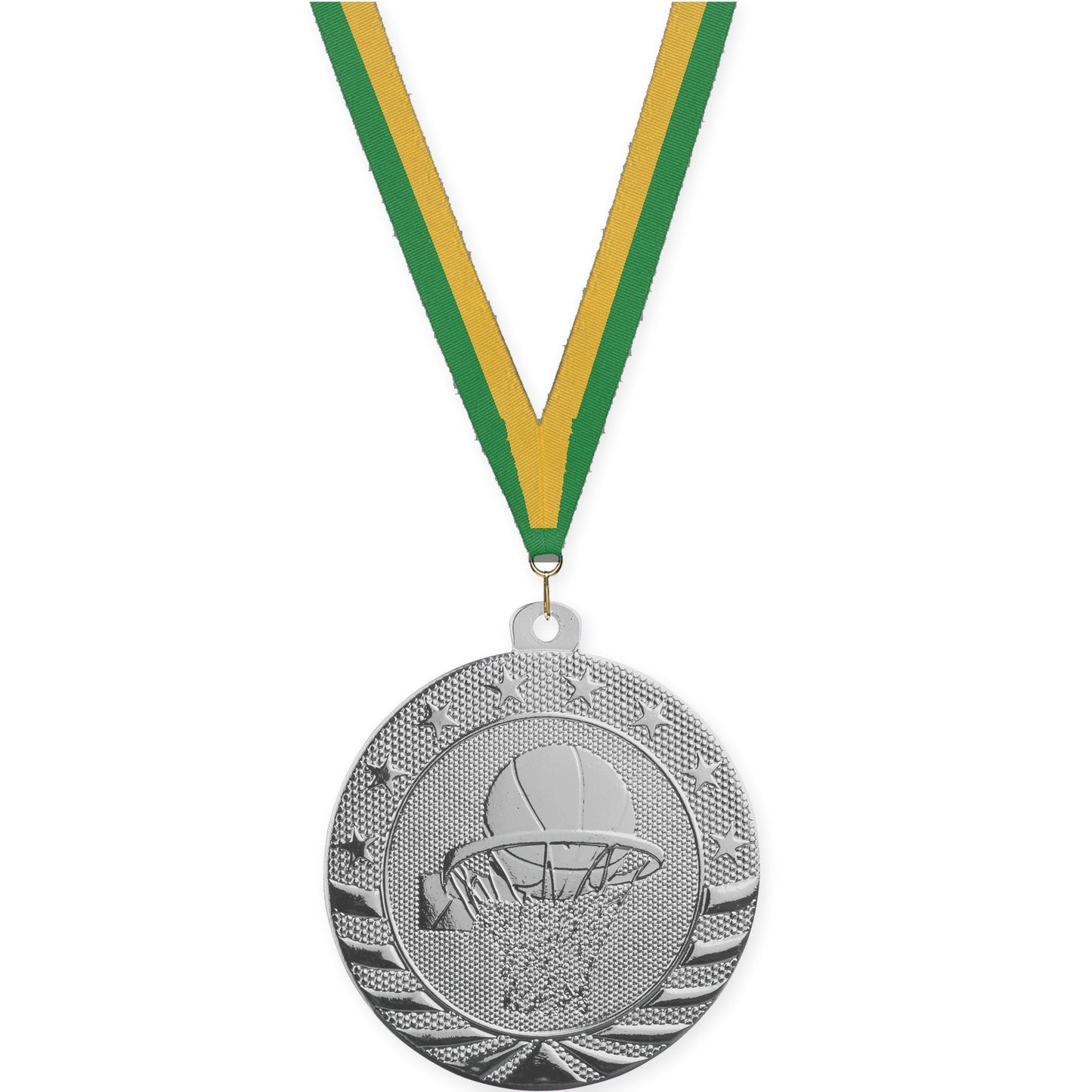 2 inch basketball Starbrite medal in bright silver with Green Gold neck ribbon