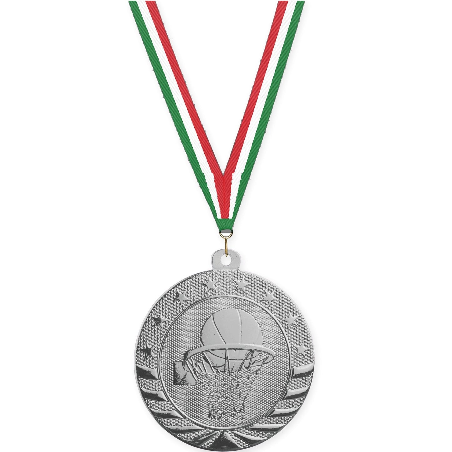 2 inch basketball Starbrite medal in bright silver with Green White Red neck ribbon