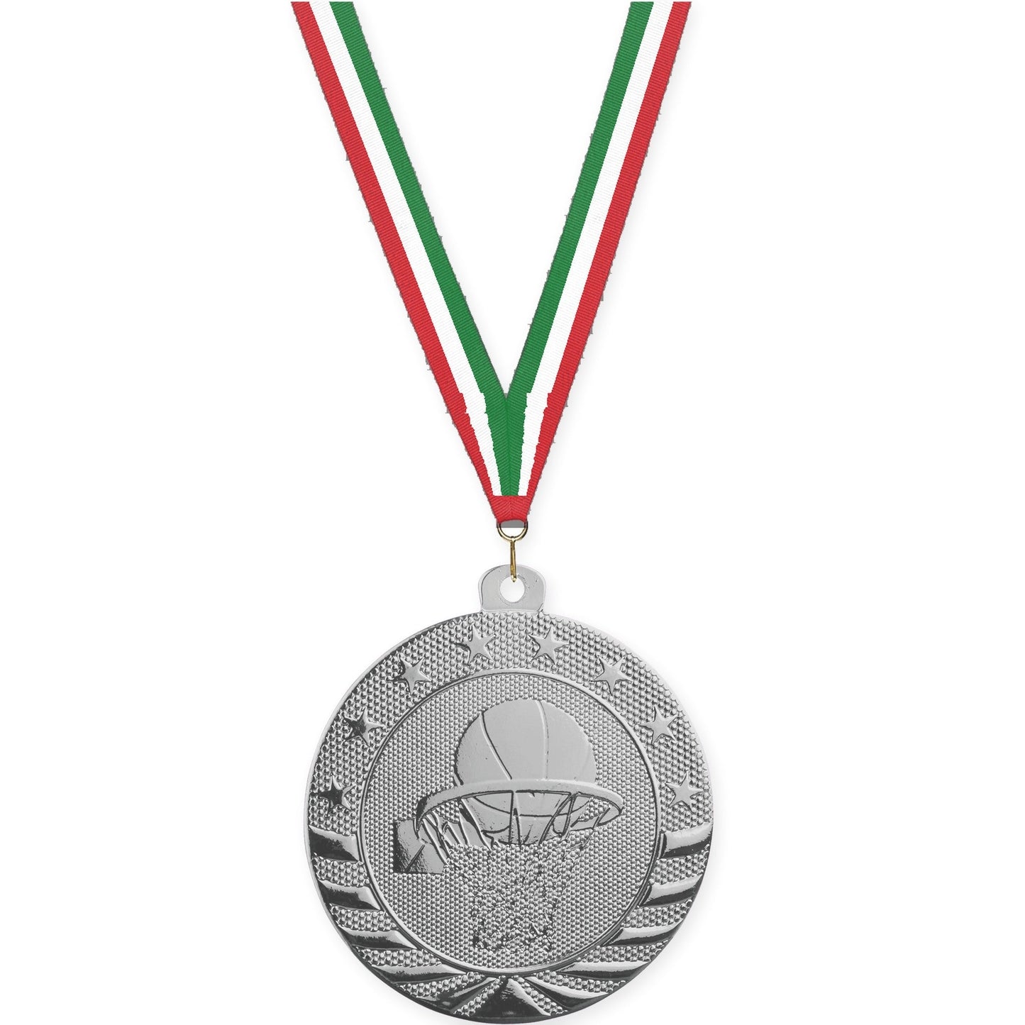2 inch basketball Starbrite medal in bright silver with Red White Green neck ribbon