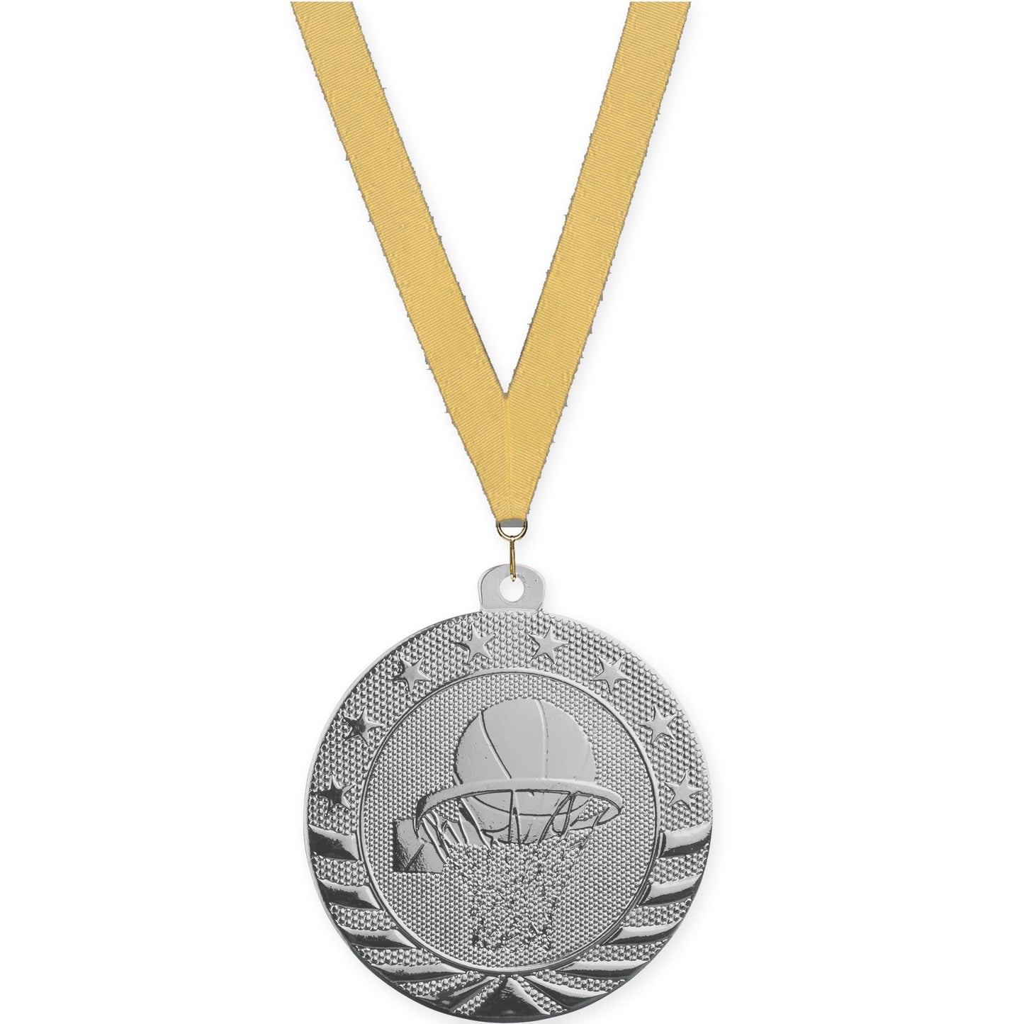 2 inch basketball Starbrite medal in bright silver with Gold Metallic neck ribbon