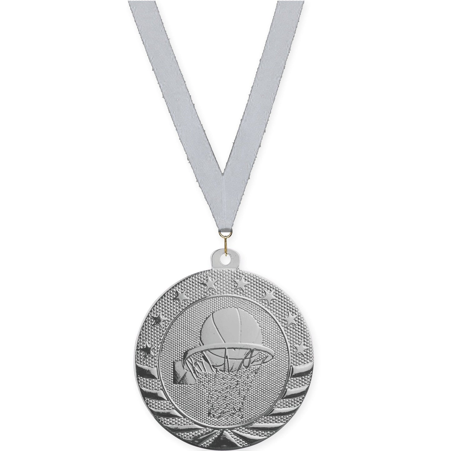 2 inch basketball Starbrite medal in bright silver with Silver Metallic neck ribbon