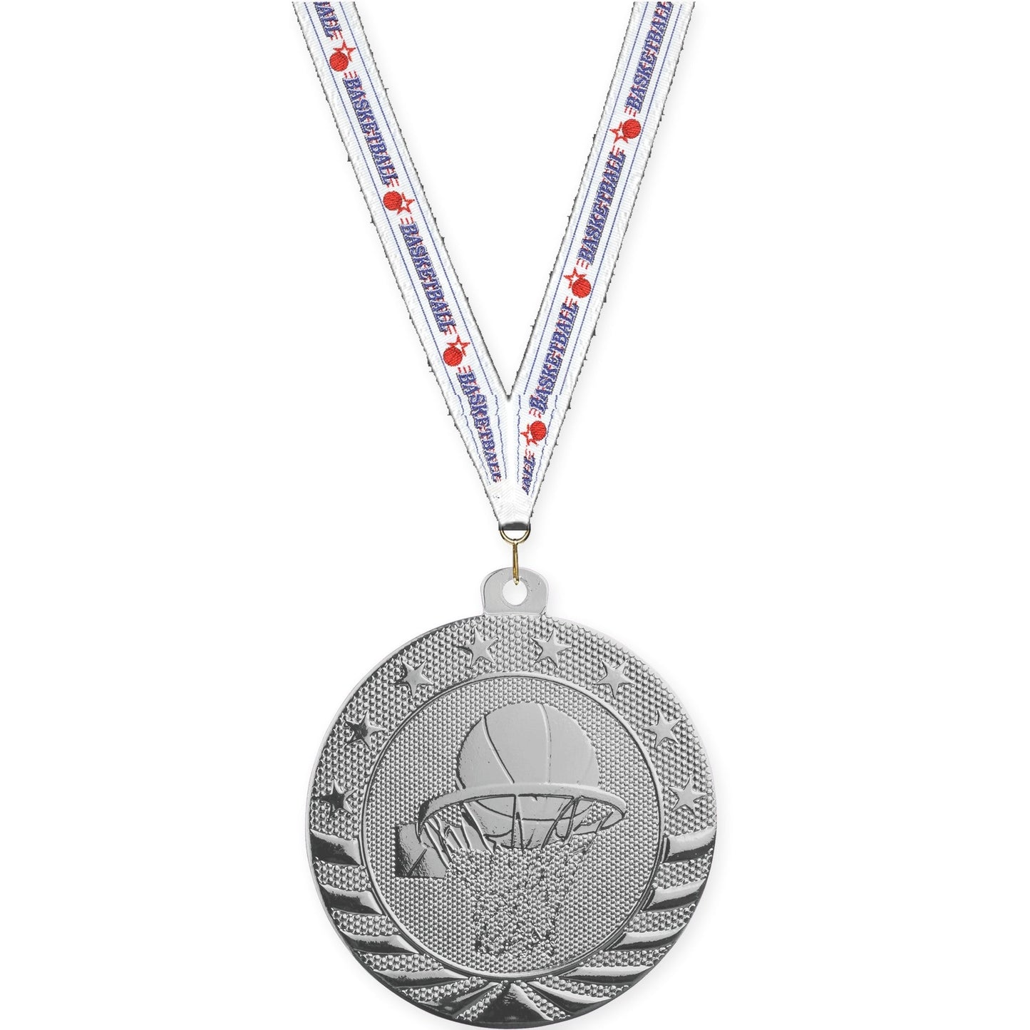 2 inch basketball Starbrite medal in bright silver with Basketball neck ribbon