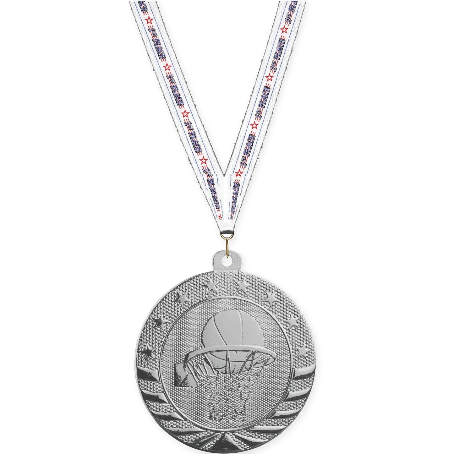 2 inch basketball Starbrite medal in bright silver with 1st Place neck ribbon