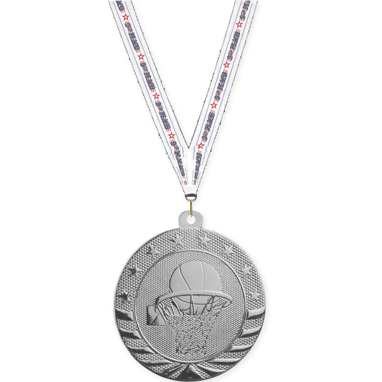2 inch basketball Starbrite medal in bright silver with 2nd Place neck ribbon