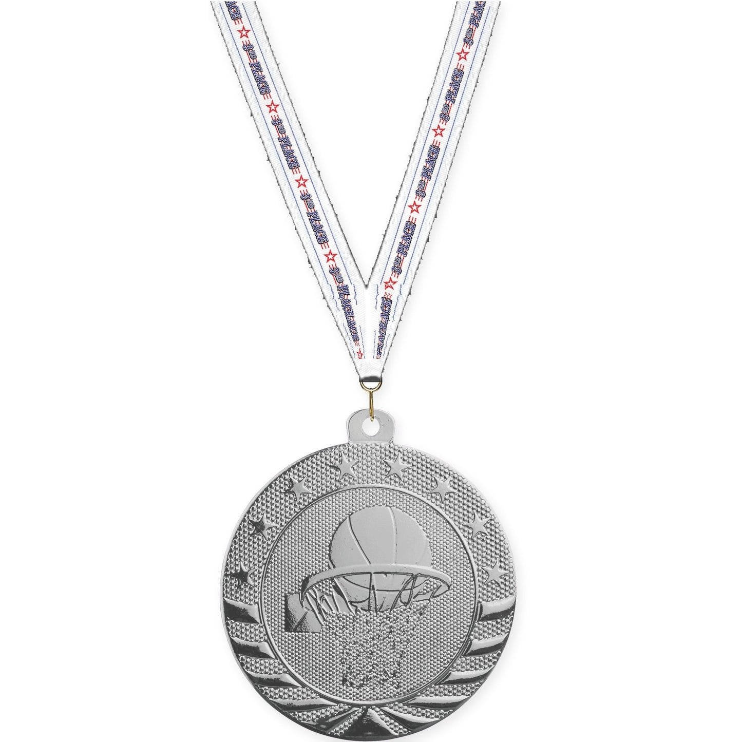 2 inch basketball Starbrite medal in bright silver with 3rd Place neck ribbon