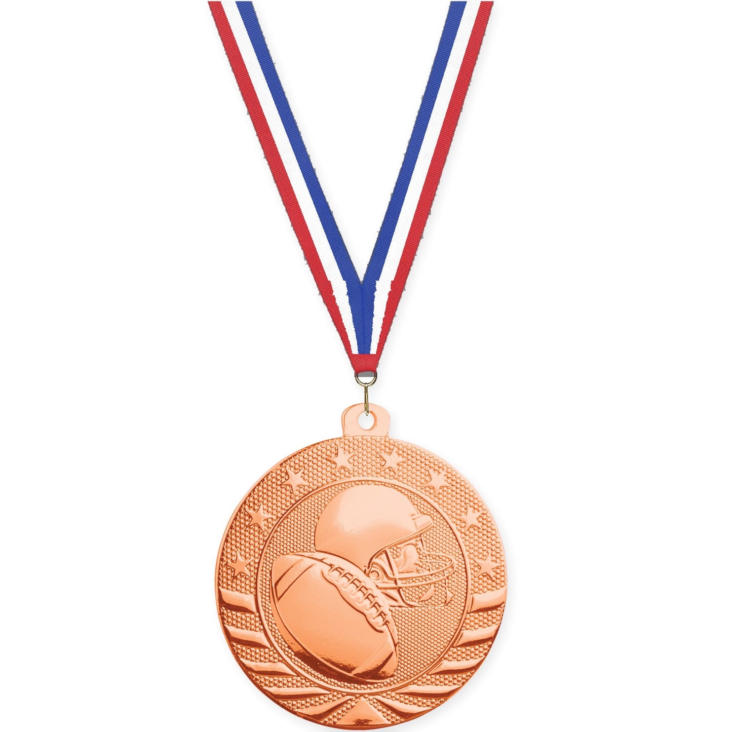 2 3/4 inch football Starbrite medal in bright bronze with Red White Blue neck ribbon