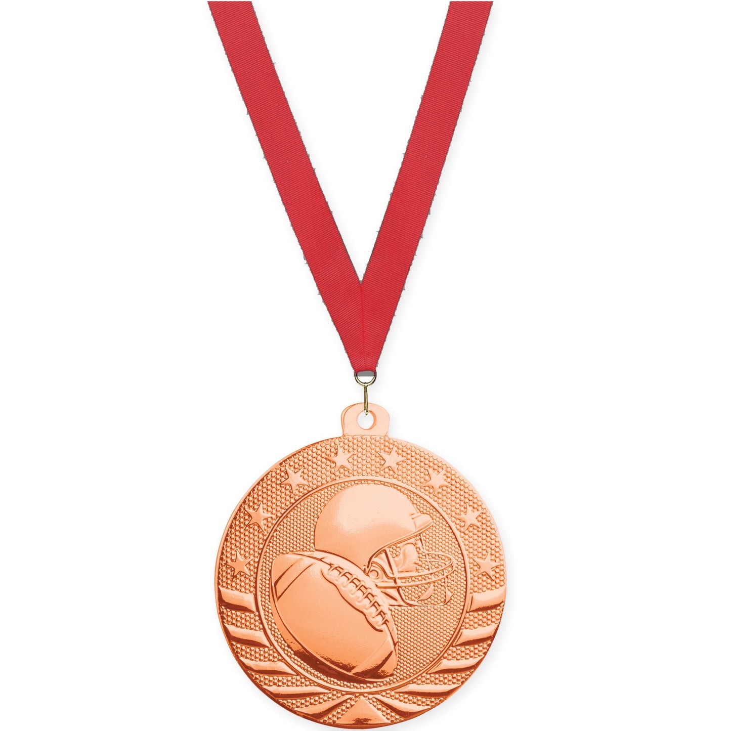 2 3/4 inch football Starbrite medal in bright bronze with Red neck ribbon