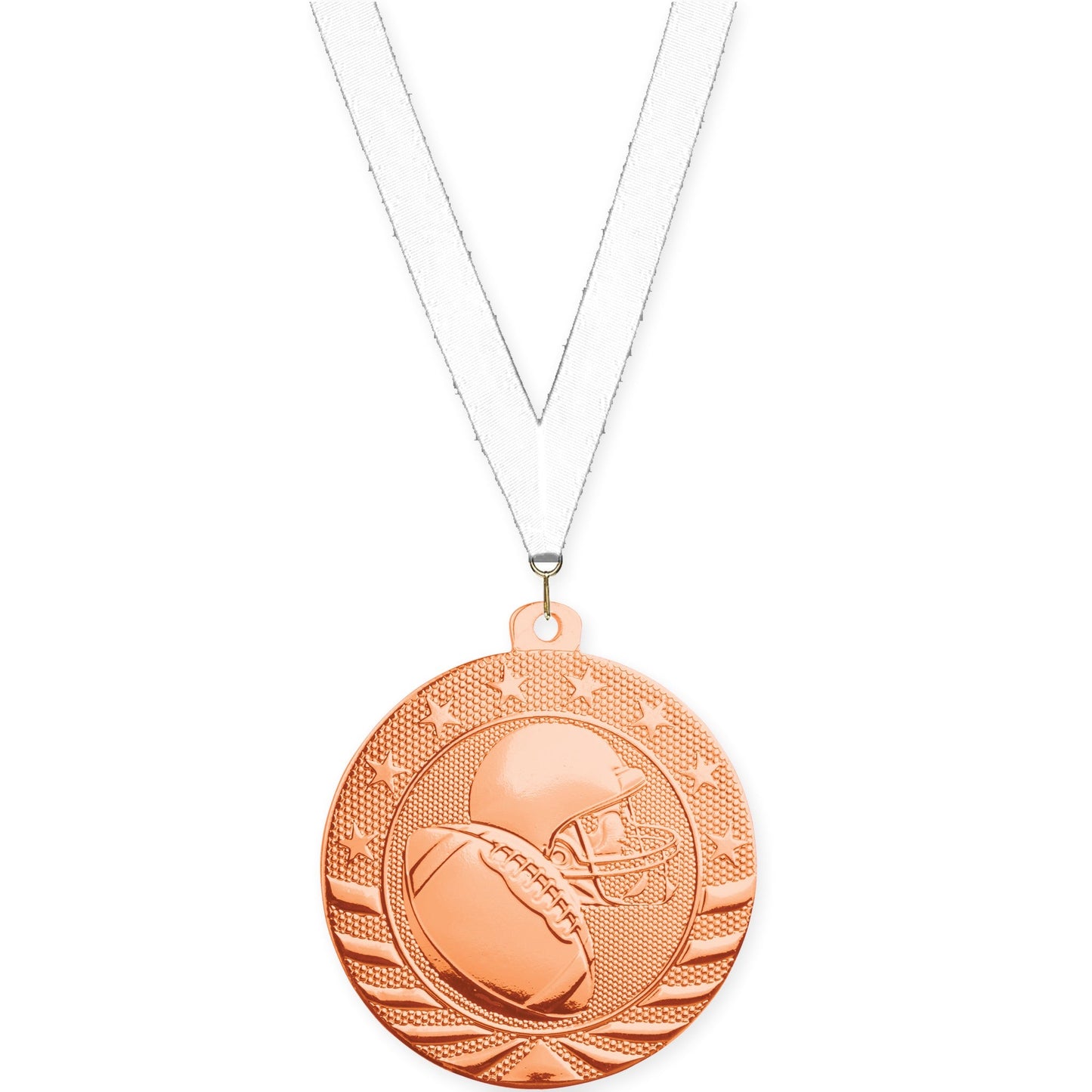 2 inch football Starbrite medal in bright bronze with White neck ribbon