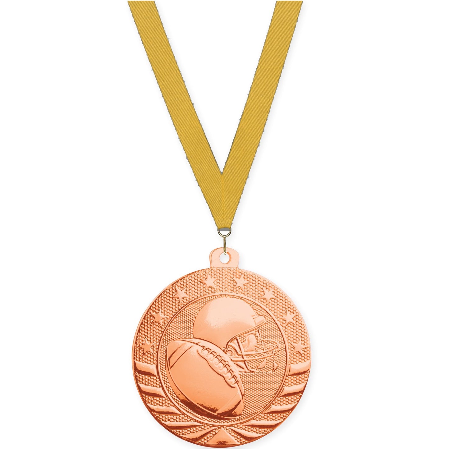 2 3/4 inch football Starbrite medal in bright bronze with Gold neck ribbon