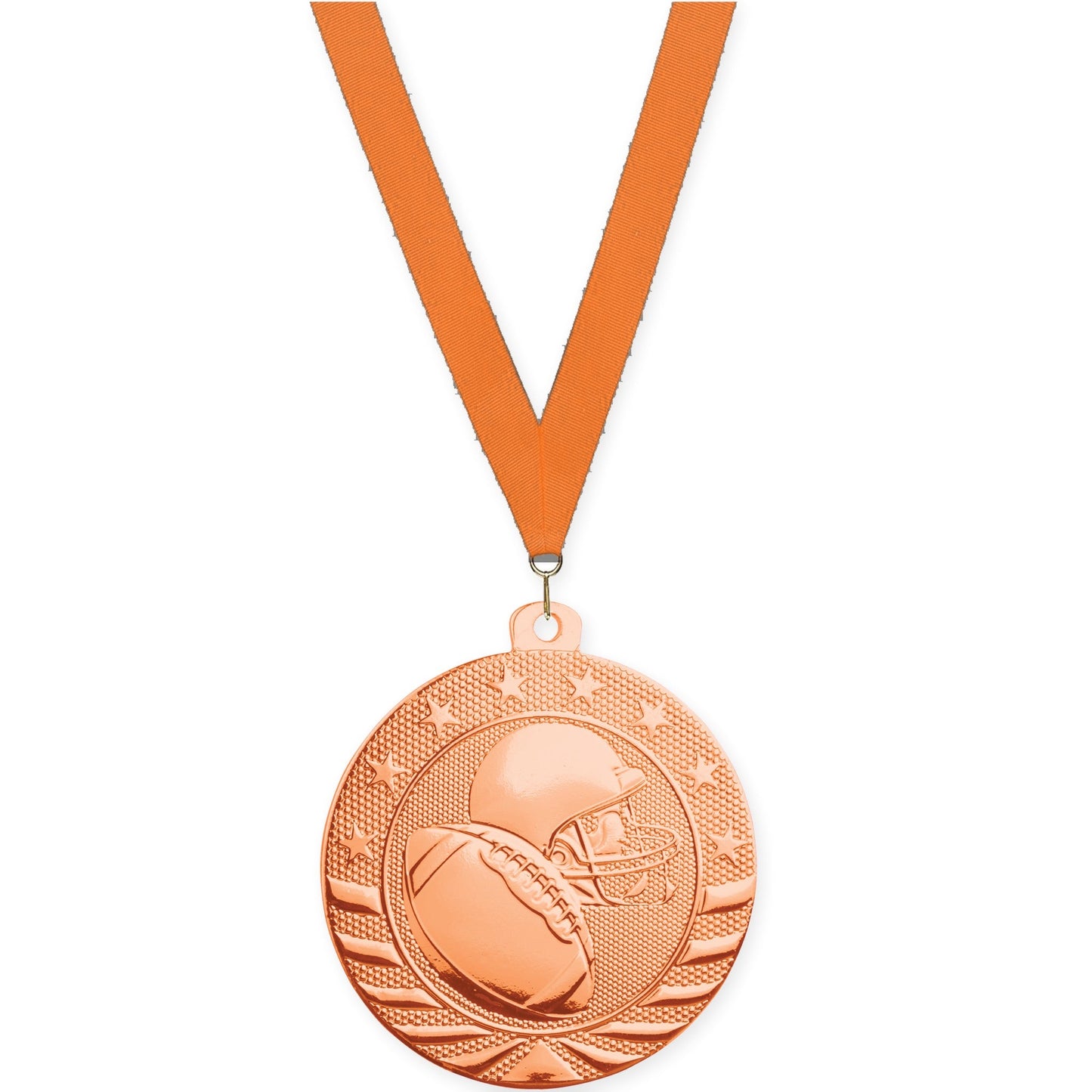 2 inch football Starbrite medal in bright bronze with Orange neck ribbon