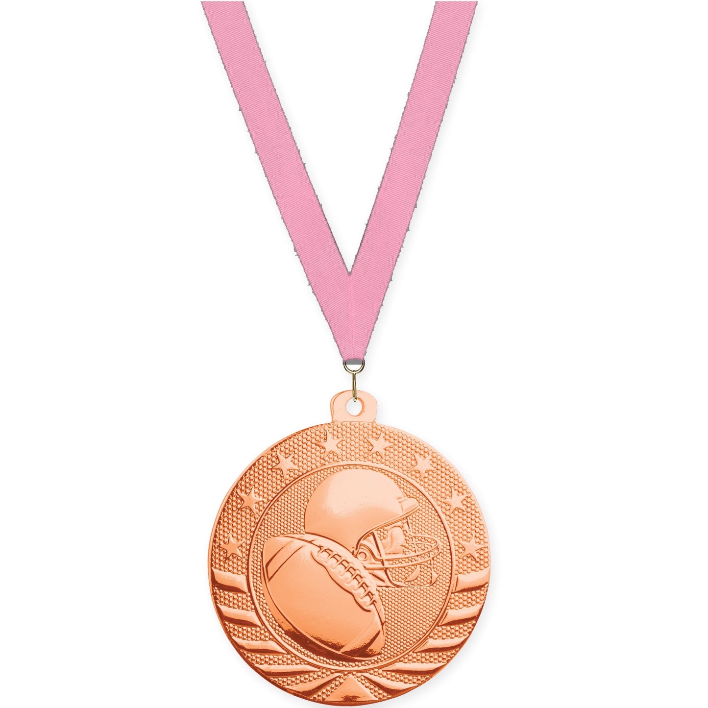 2 inch football Starbrite medal in bright bronze with Pink neck ribbon
