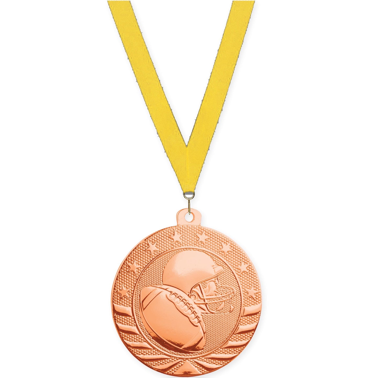 2 3/4 inch football Starbrite medal in bright bronze with Yellow neck ribbon