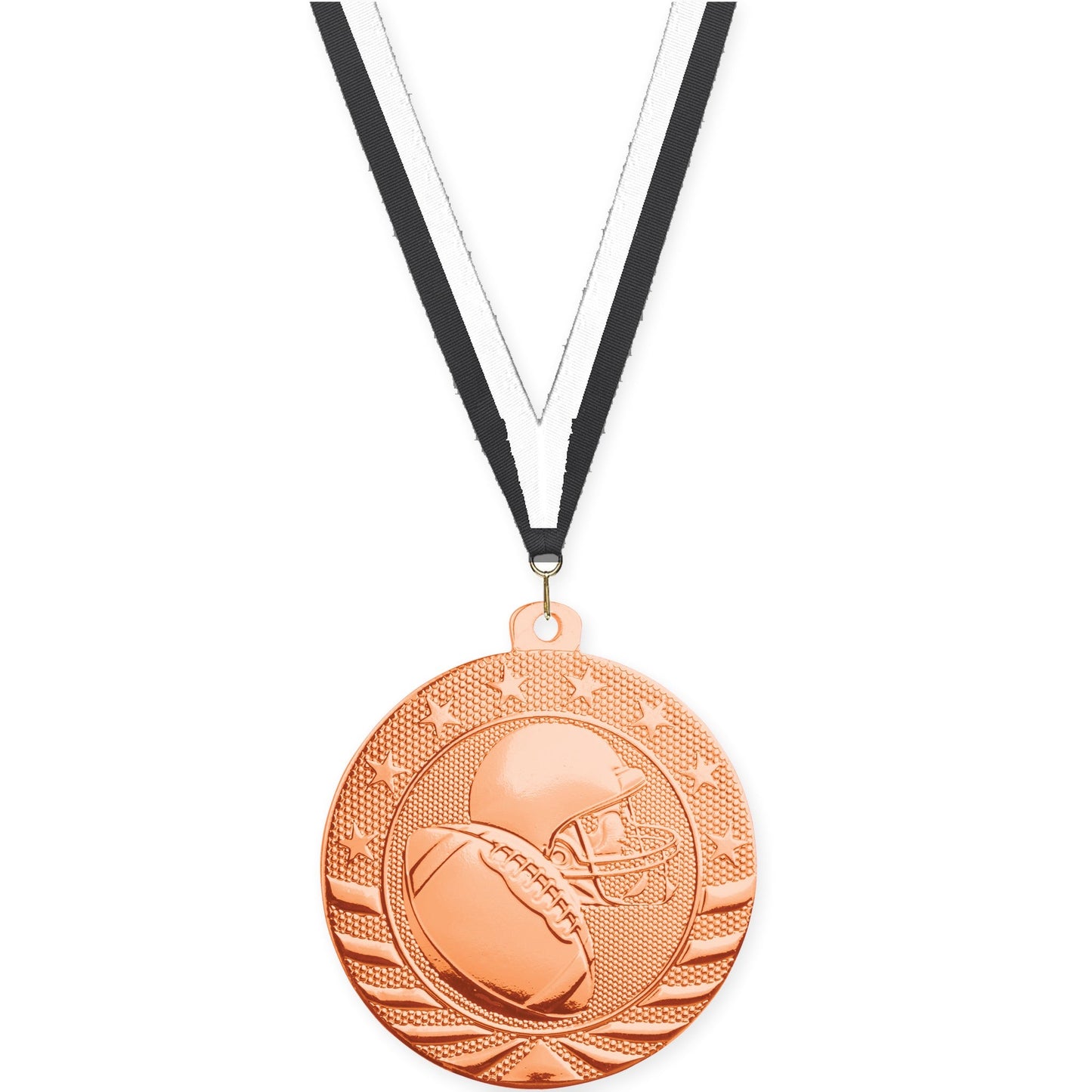 2 inch football Starbrite medal in bright bronze with Black White neck ribbon
