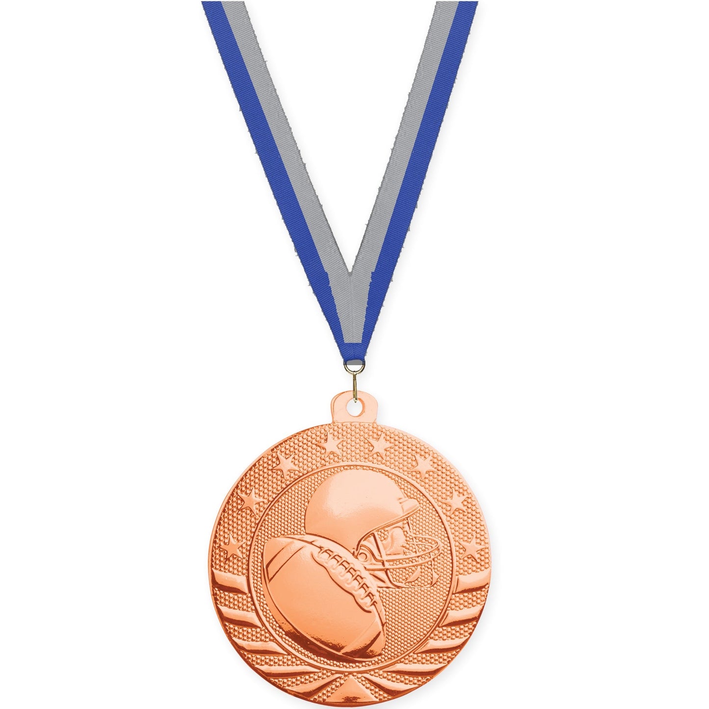2 3/4 inch football Starbrite medal in bright bronze with Blue Gray neck ribbon
