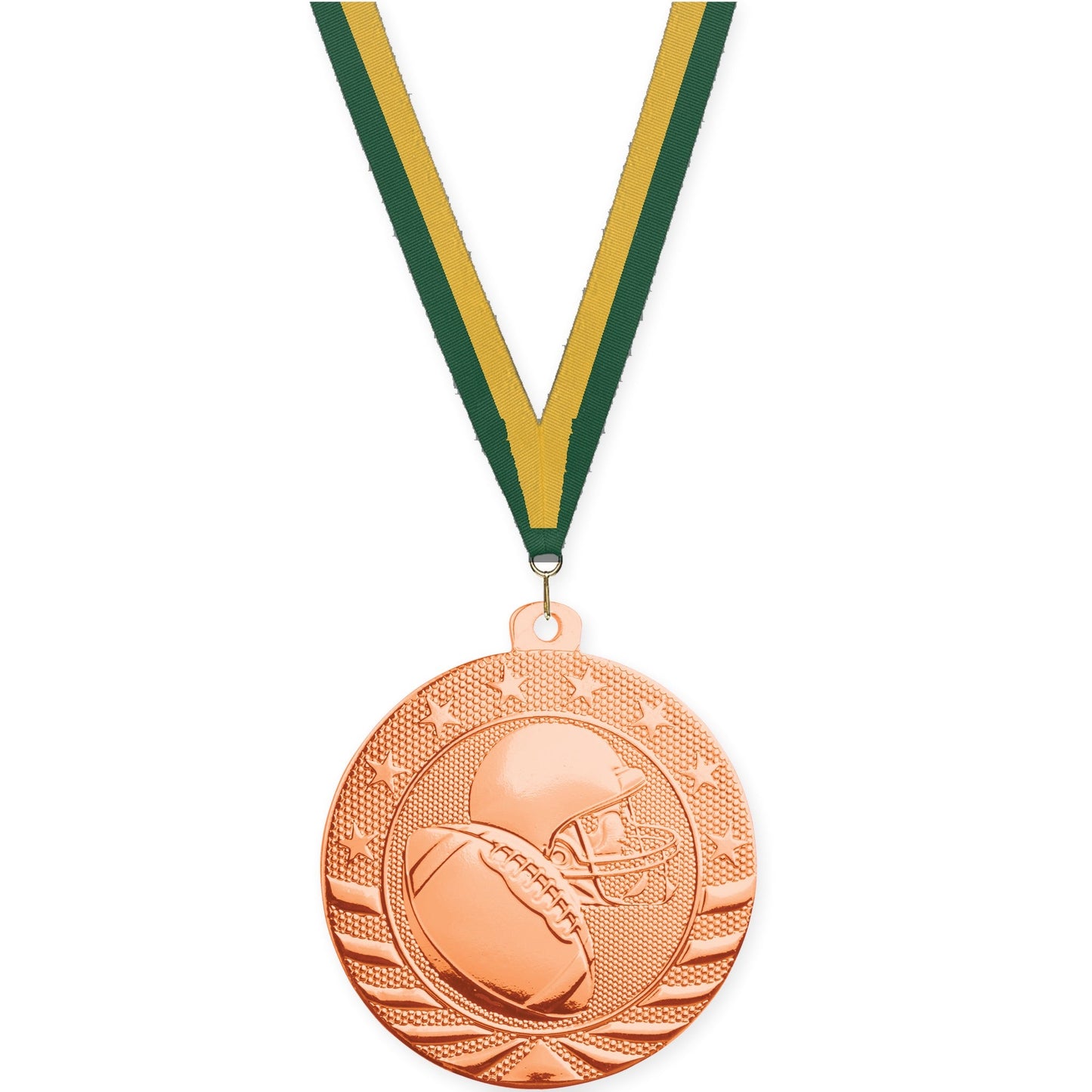2 3/4 inch football Starbrite medal in bright bronze with Hunter Green Gold neck ribbon