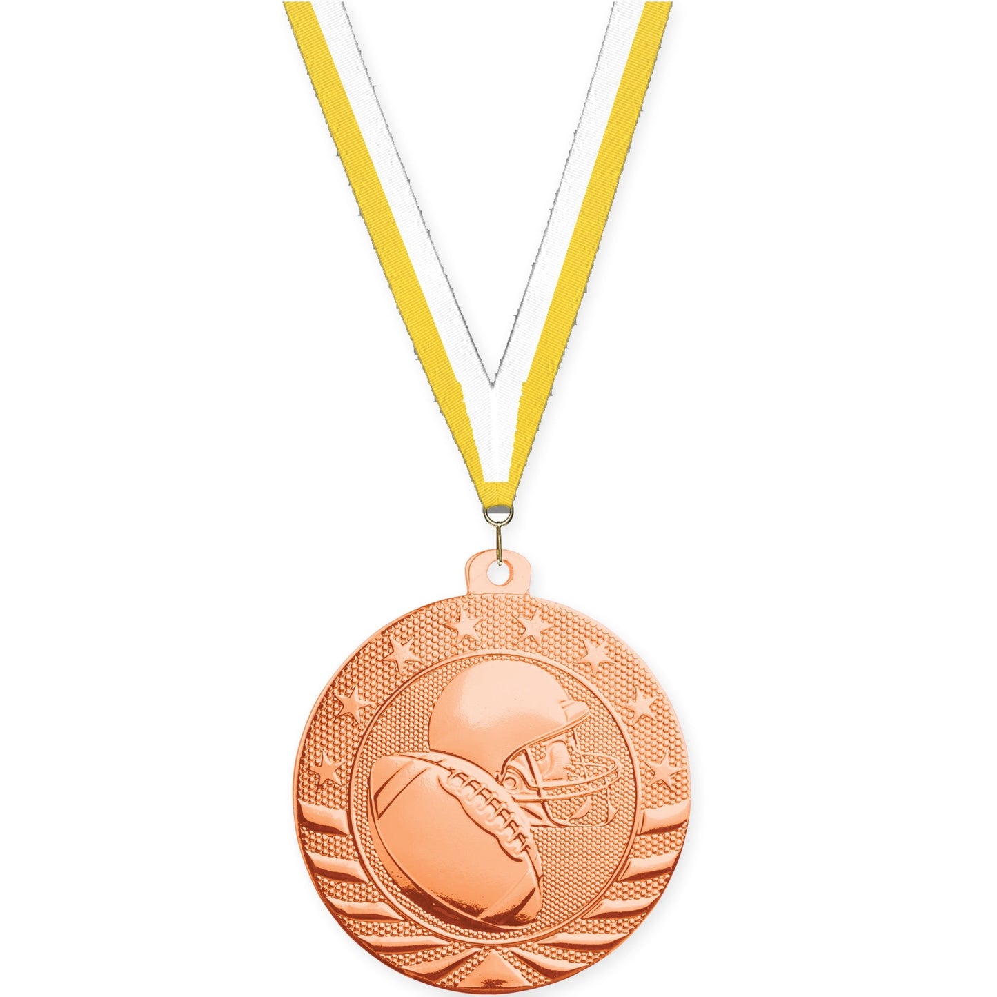 2 inch football Starbrite medal in bright bronze with Yellow White neck ribbon