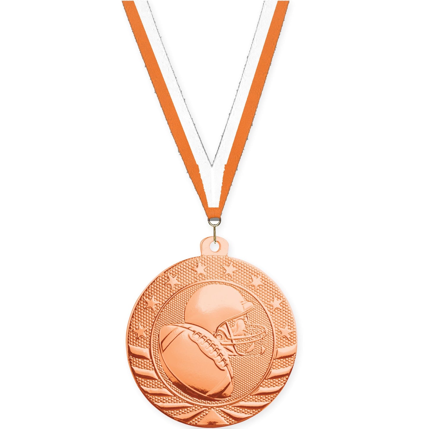 2 3/4 inch football Starbrite medal in bright bronze with Orange White neck ribbon
