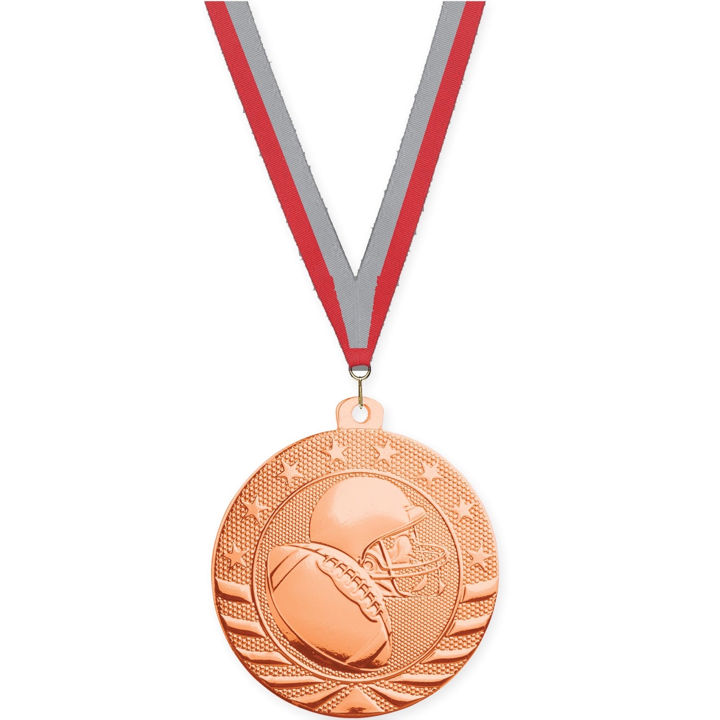 2 inch football Starbrite medal in bright bronze with Red Gray neck ribbon