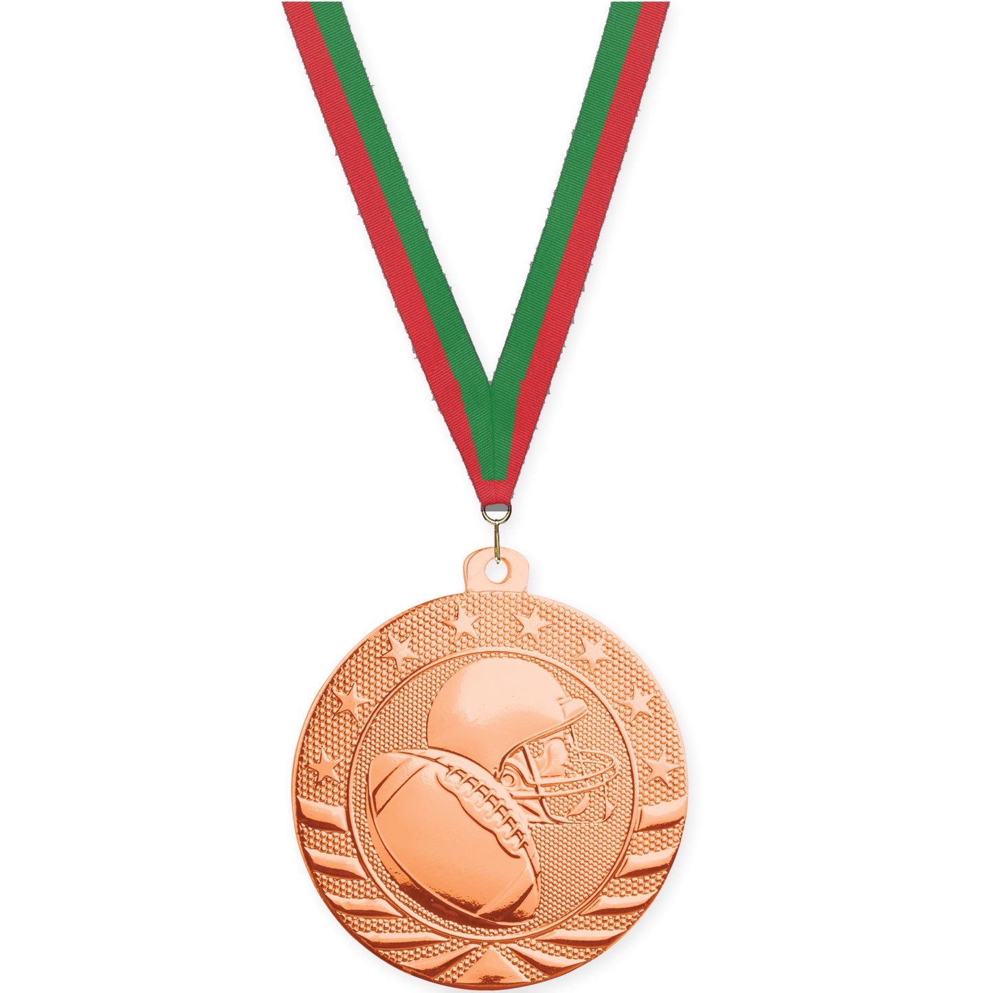 2 3/4 inch football Starbrite medal in bright bronze with Red Green neck ribbon