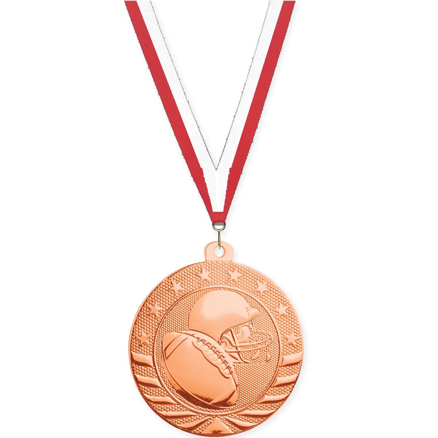 2 3/4 inch football Starbrite medal in bright bronze with Red White neck ribbon