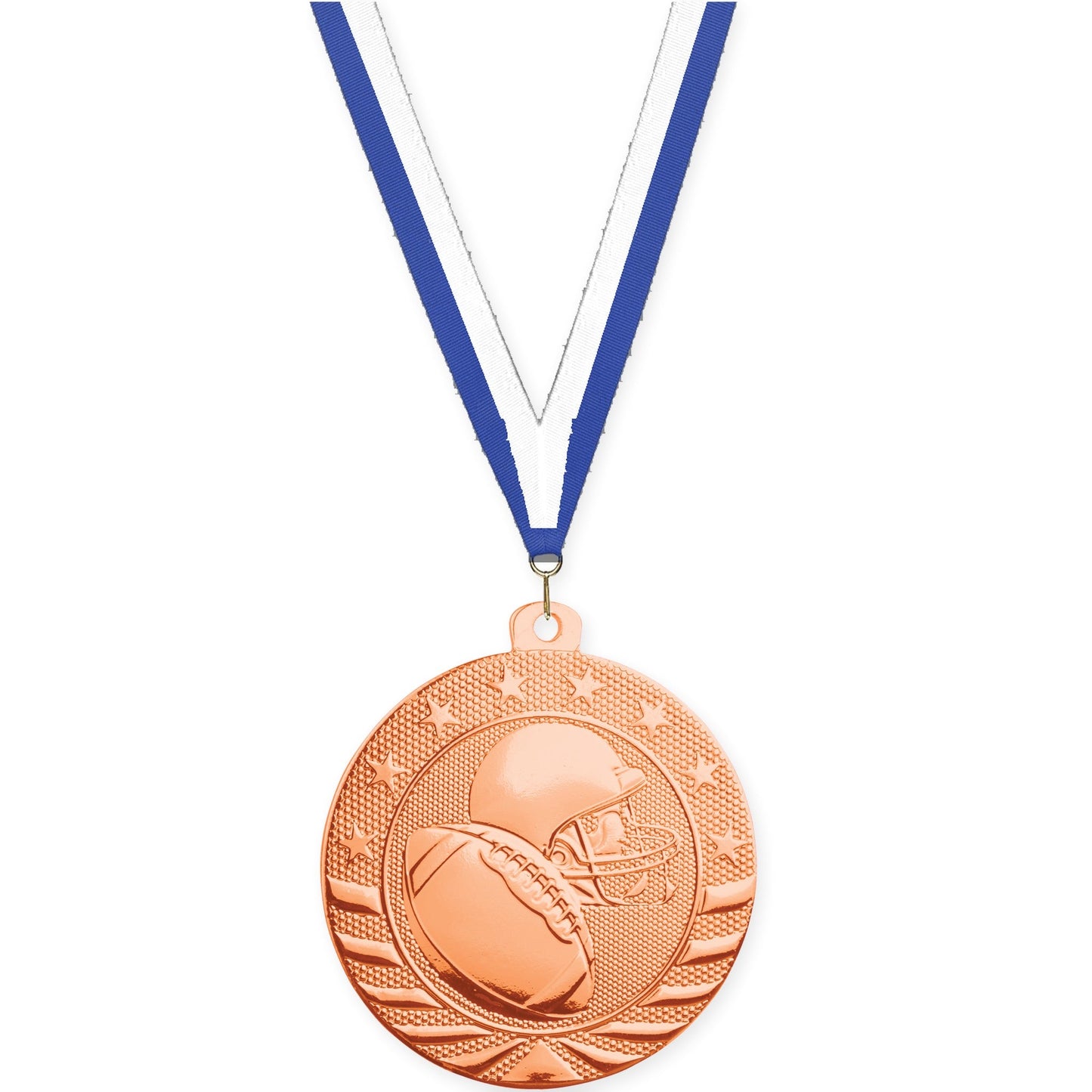 2 inch football Starbrite medal in bright bronze with Blue White neck ribbon