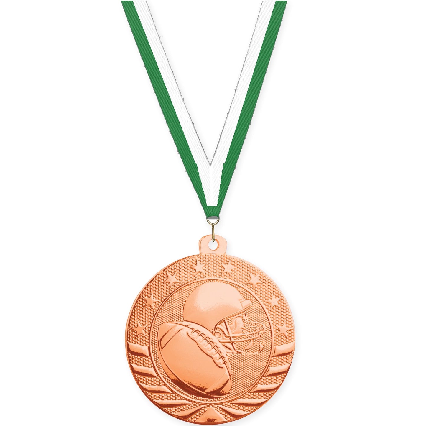 2 3/4 inch football Starbrite medal in bright bronze with Green White neck ribbon
