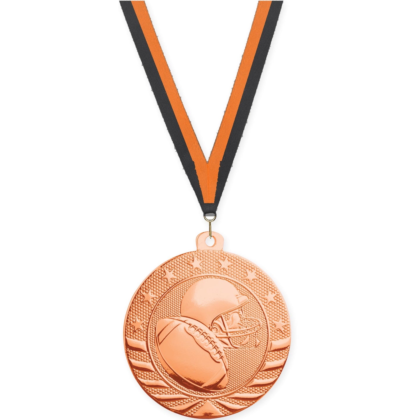 2 inch football Starbrite medal in bright bronze with Black Orange neck ribbon
