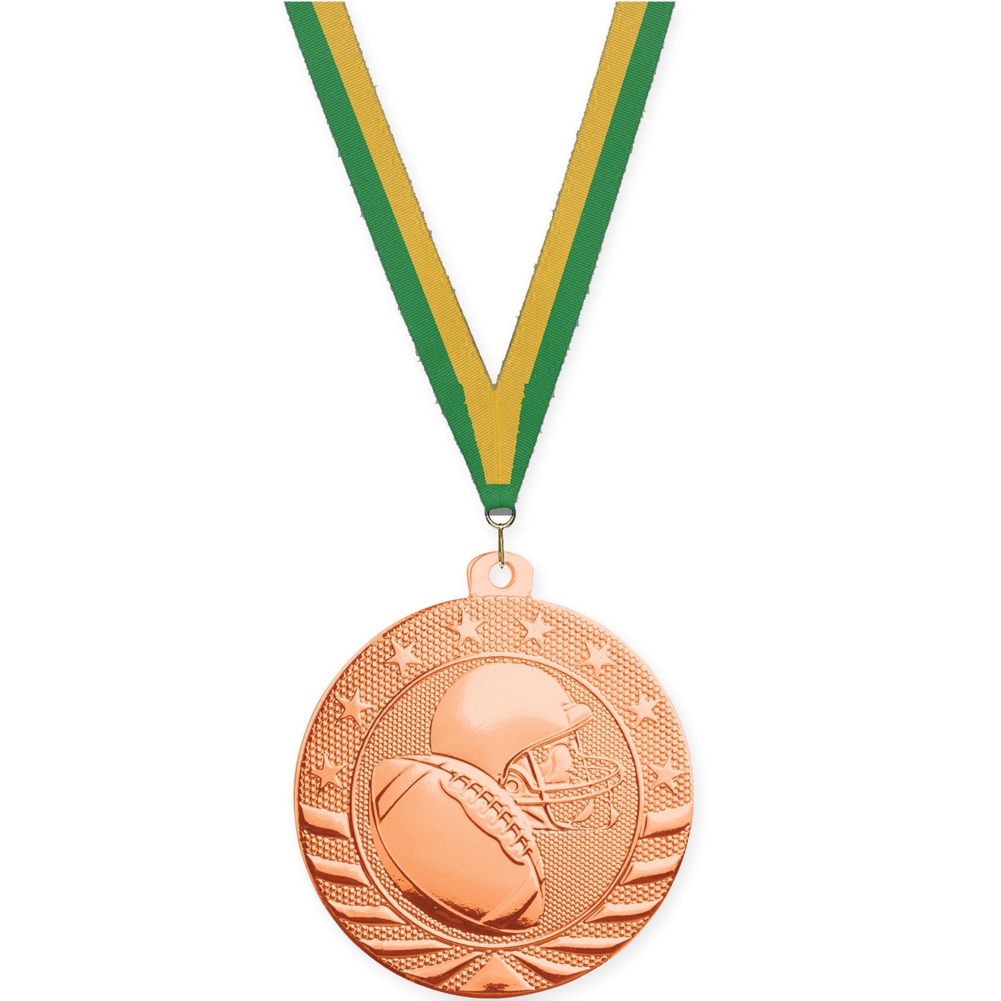 2 3/4 inch football Starbrite medal in bright bronze with Green Gold neck ribbon