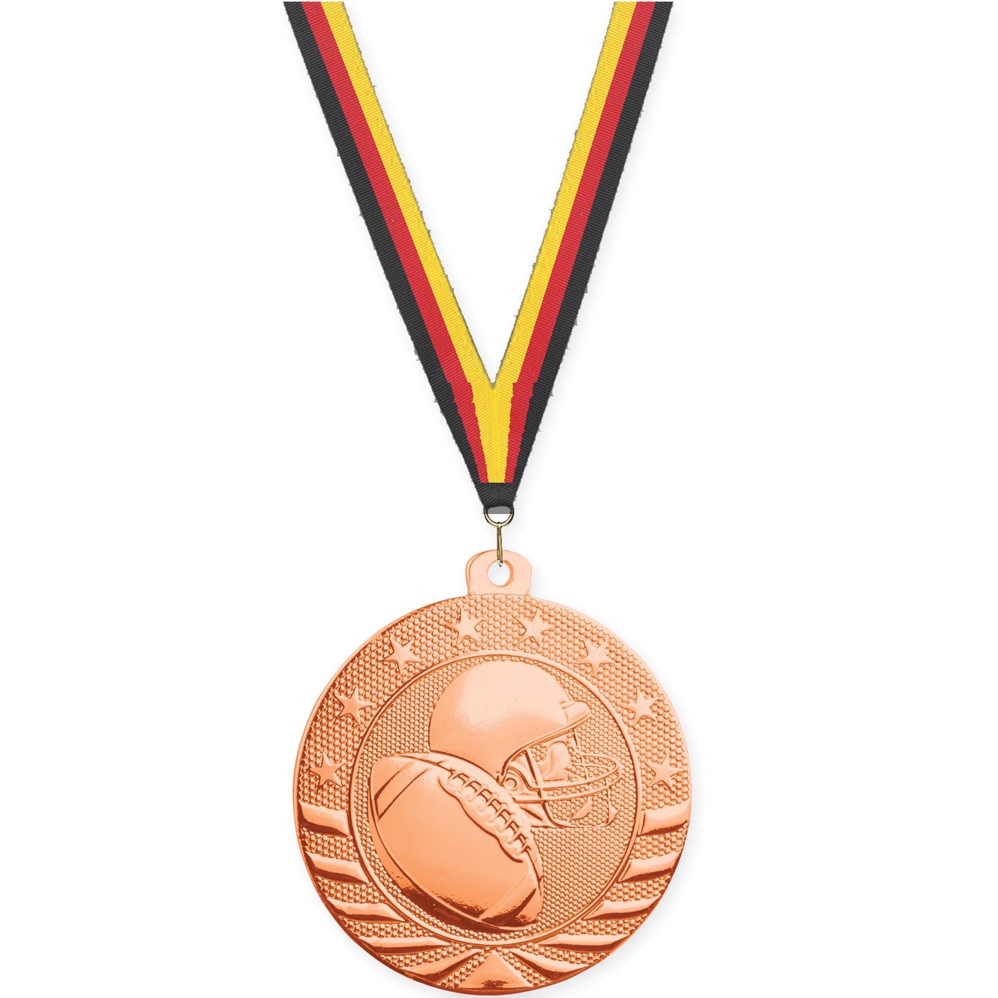 2 inch football Starbrite medal in bright bronze with Black Red Yellow neck ribbon