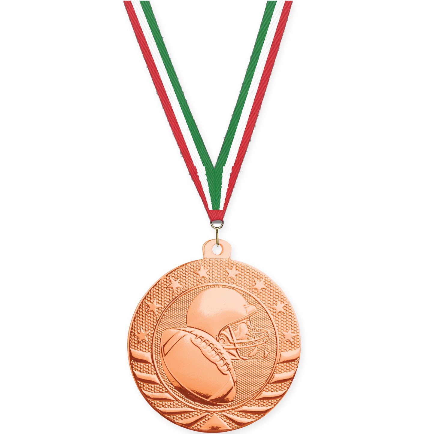 2 inch football Starbrite medal in bright bronze with Red White Green neck ribbon