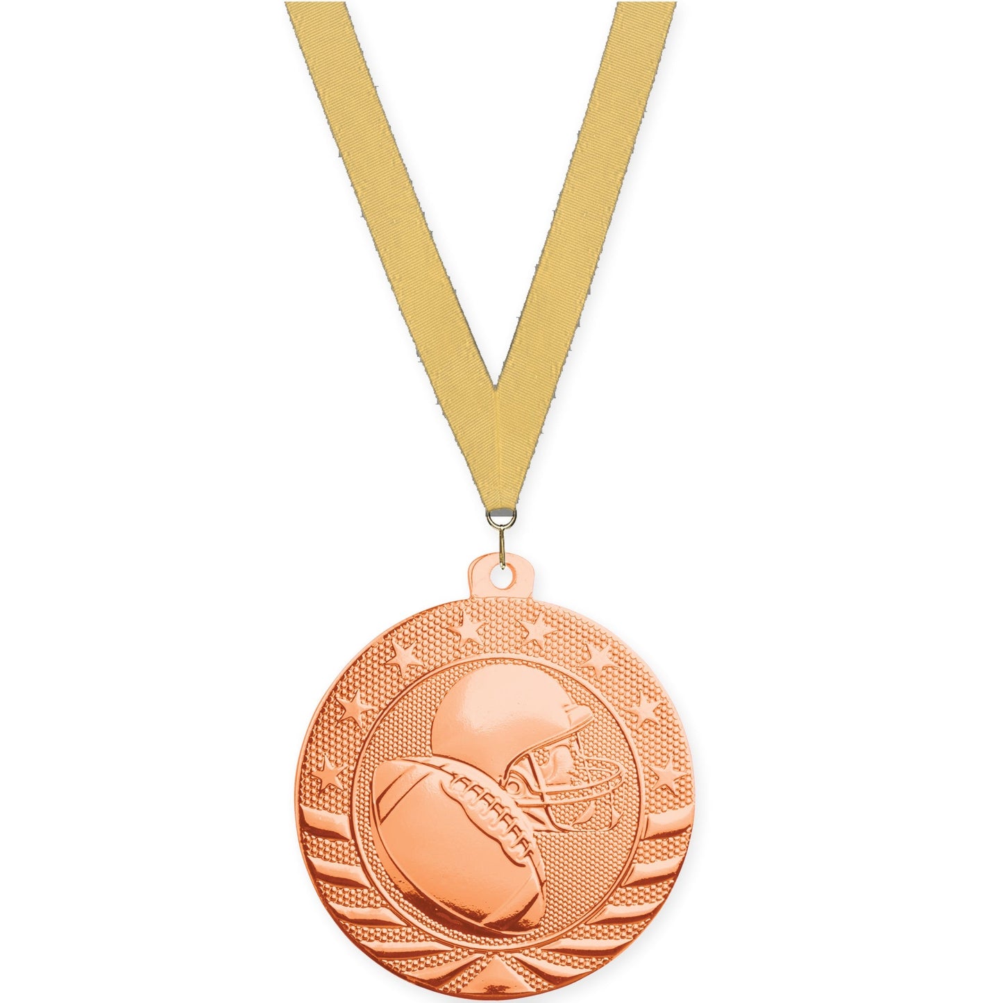 2 inch football Starbrite medal in bright bronze with Gold Metallic neck ribbon