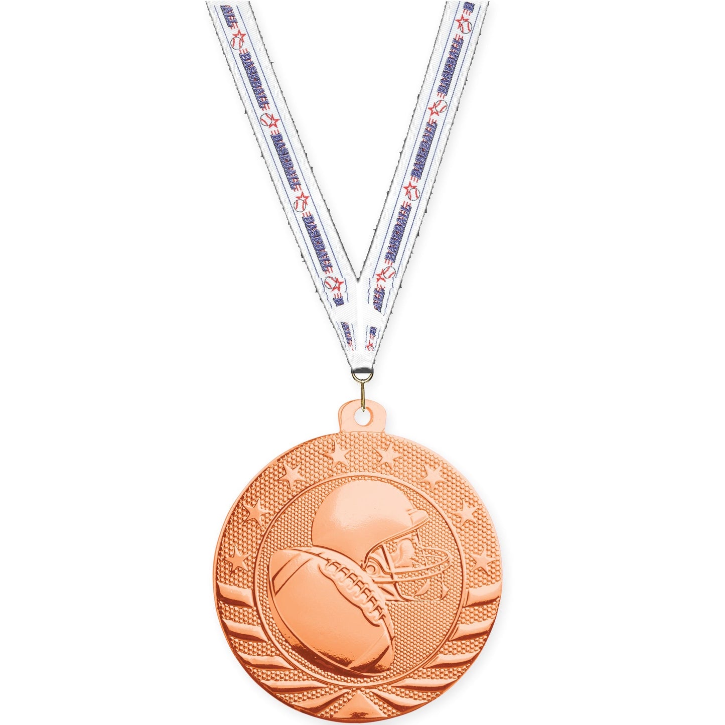 2 inch football Starbrite medal in bright bronze with Baseball neck ribbon