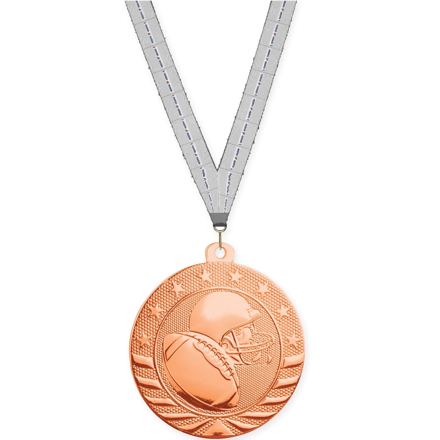 2 3/4 inch football Starbrite medal in bright bronze with Auto Racing neck ribbon