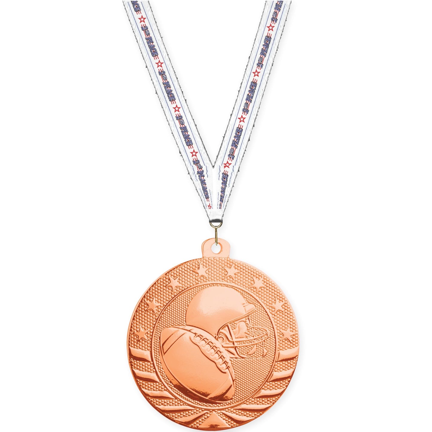 2 inch football Starbrite medal in bright bronze with 2nd Place neck ribbon