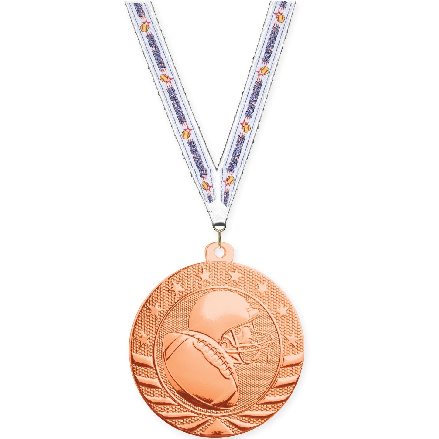 2 3/4 inch football Starbrite medal in bright bronze with Softball neck ribbon