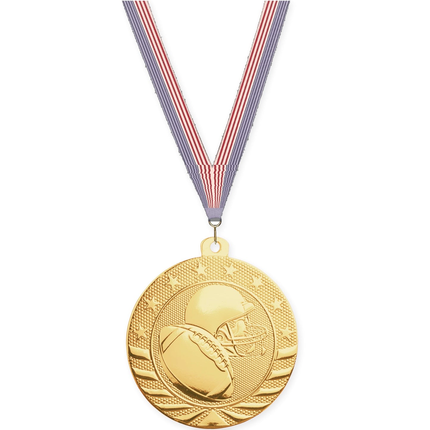 2 inch football Starbrite medal in bright gold with USA Flag neck ribbon