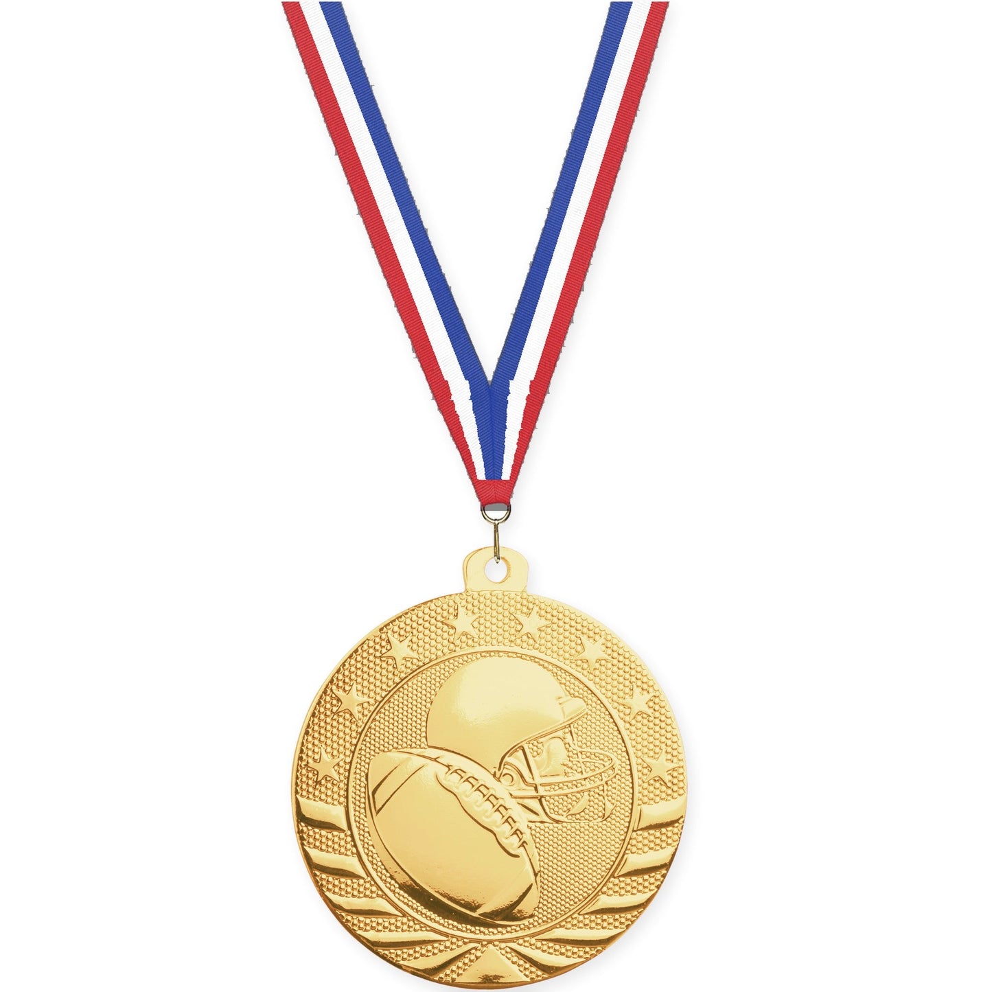 2 3/4 inch football Starbrite medal in bright gold with Red White Blue neck ribbon