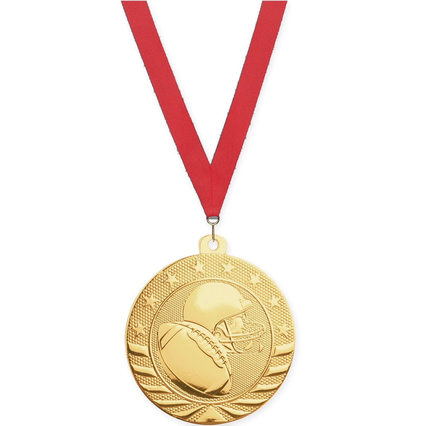 2 3/4 inch football Starbrite medal in bright gold with Red neck ribbon