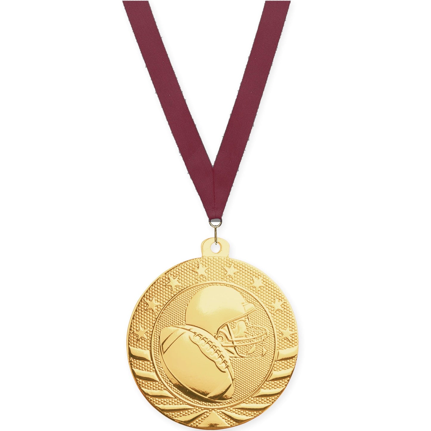 2 3/4 inch football Starbrite medal in bright gold with Maroon neck ribbon