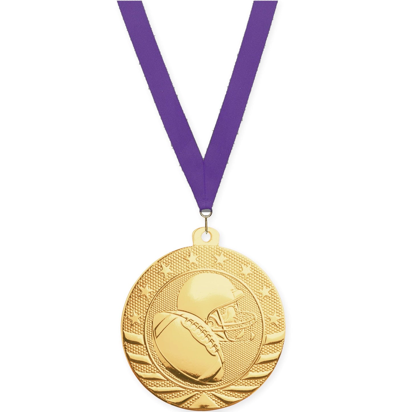 2 3/4 inch football Starbrite medal in bright gold with Purple neck ribbon