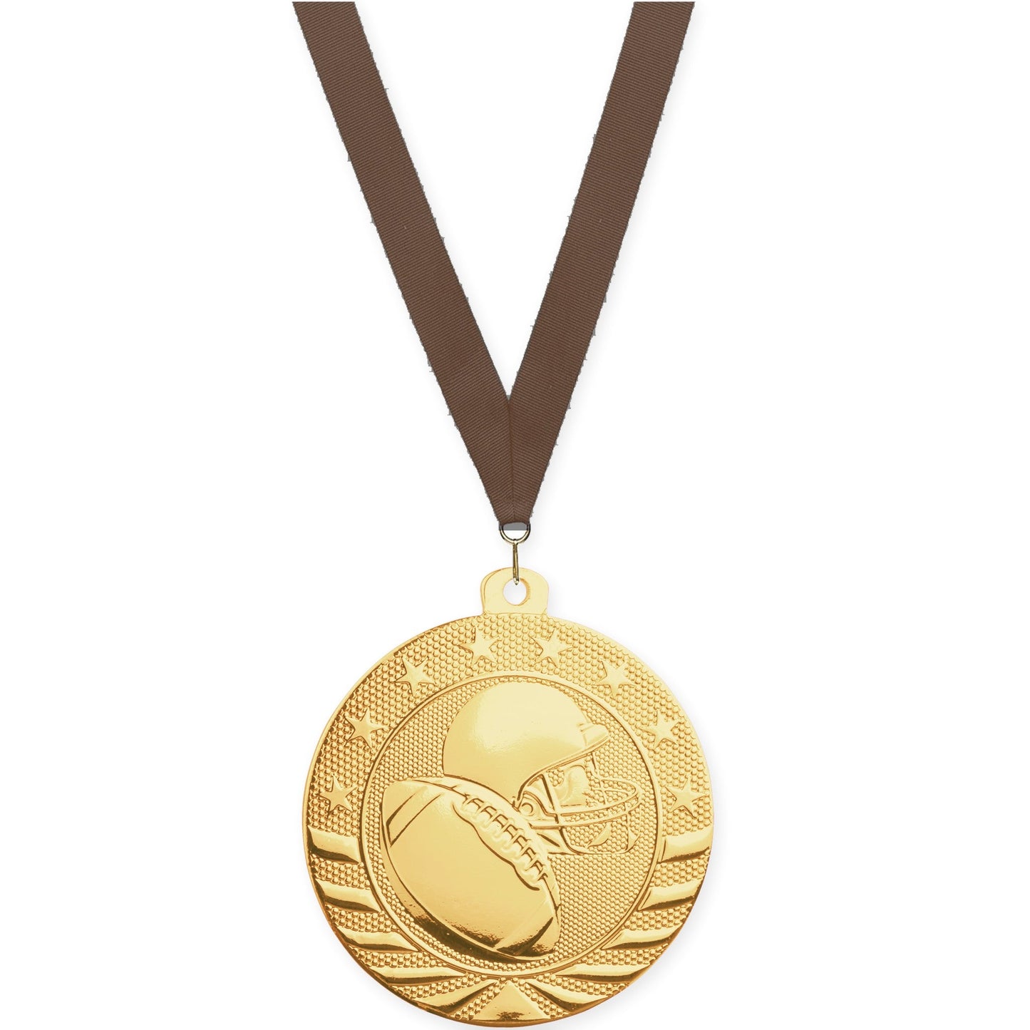 2 inch football Starbrite medal in bright gold with Brown neck ribbon