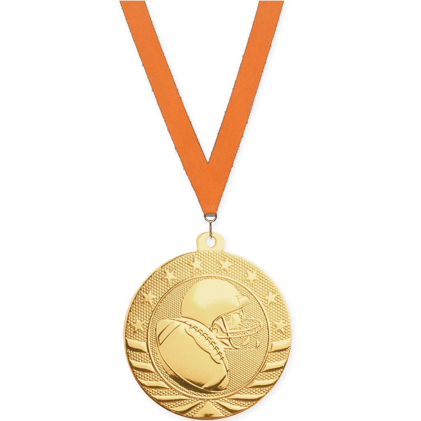 2 inch football Starbrite medal in bright gold with Orange neck ribbon