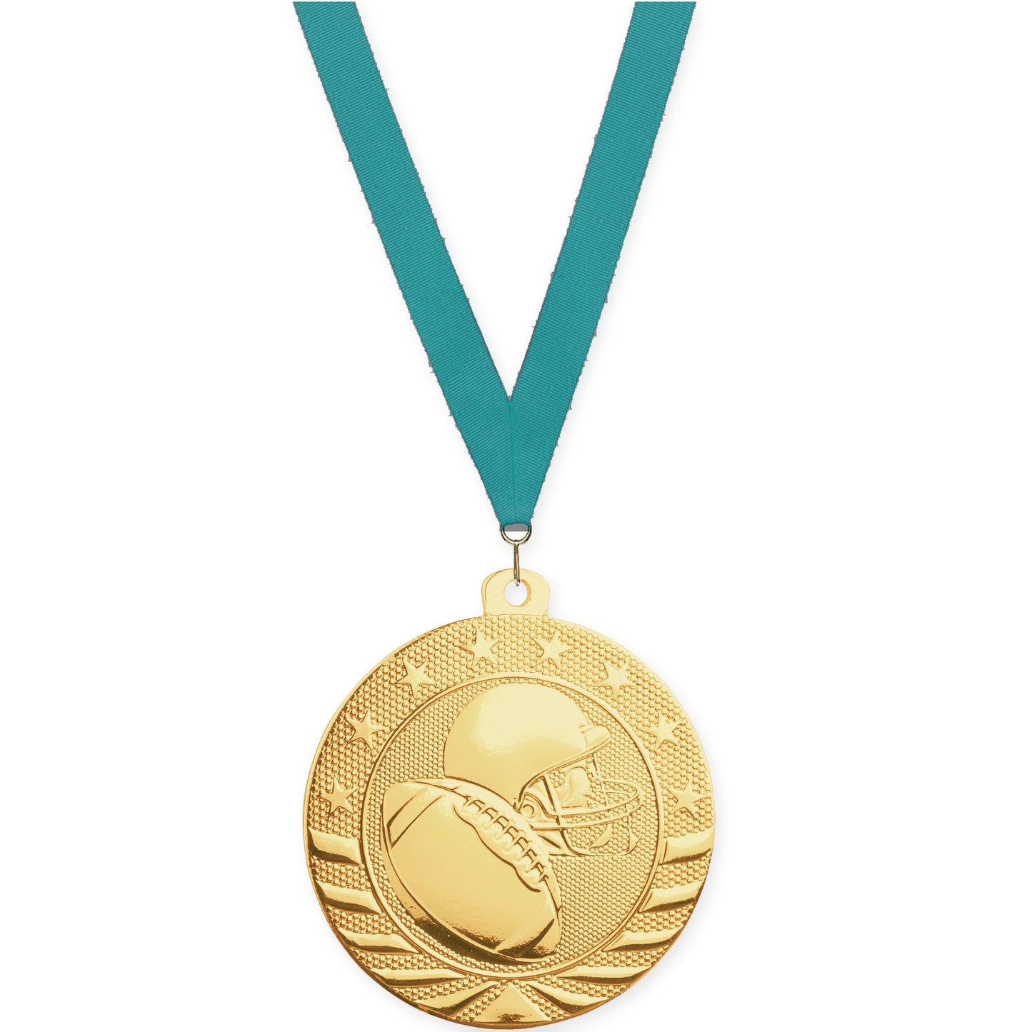 2 3/4 inch football Starbrite medal in bright gold with Teal neck ribbon