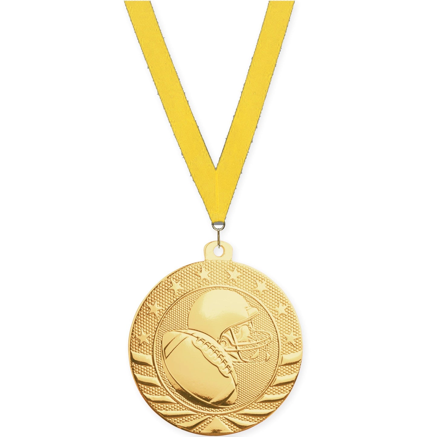 2 inch football Starbrite medal in bright gold with Yellow neck ribbon