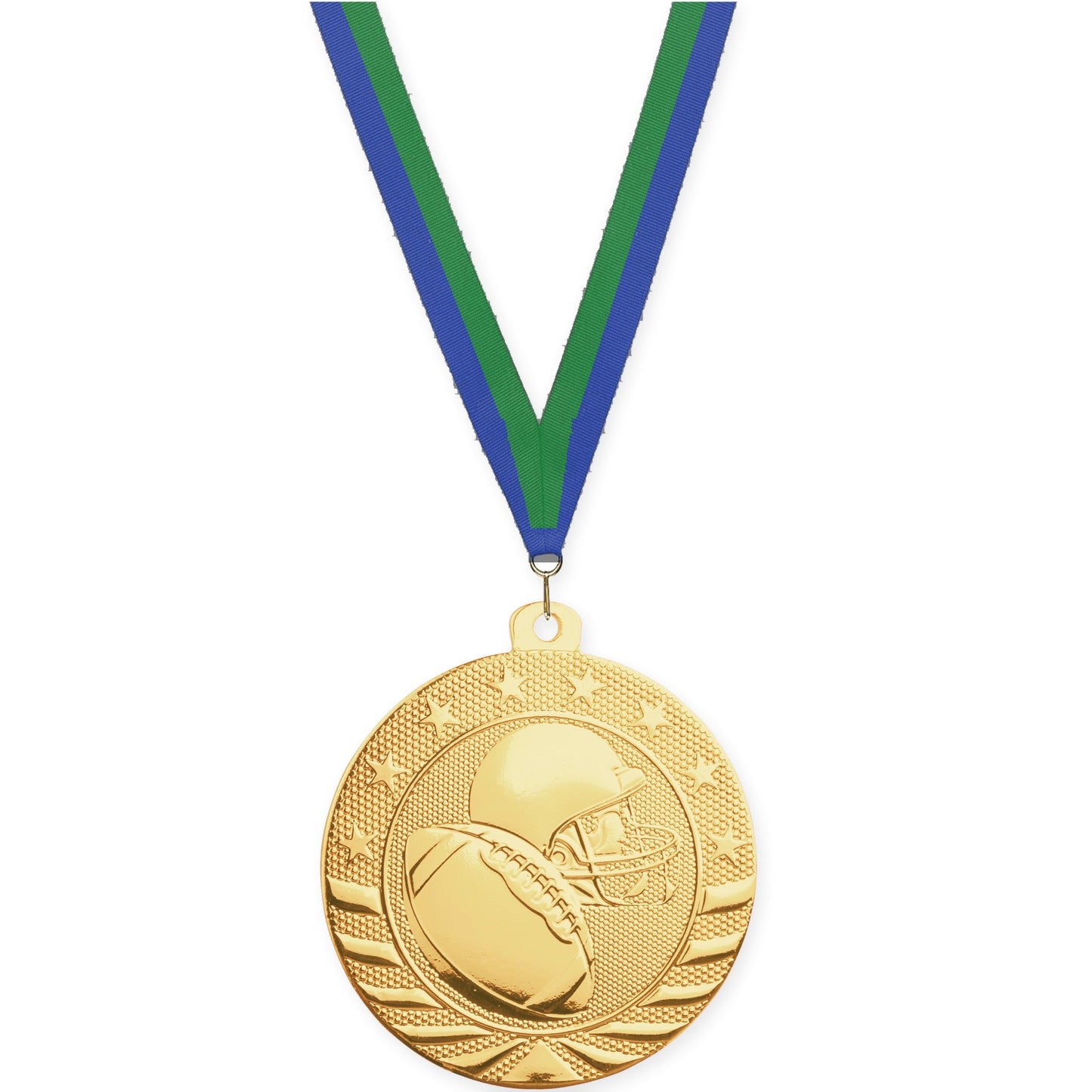 2 inch football Starbrite medal in bright gold with Blue Green neck ribbon